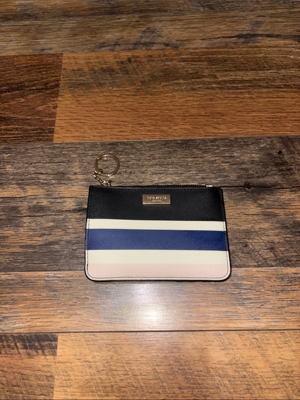 kate‎ spade black navy cream pink striped card pouch with keyring